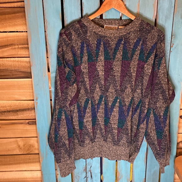 Vintage 80s-90s Method crewneck sweater size large gray purple blue turquoise - Picture 1 of 5